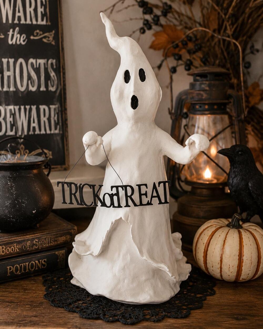 Vintage Kirkland Trick or Treat Ghost 13" Halloween Figurine Rustic Folk Art